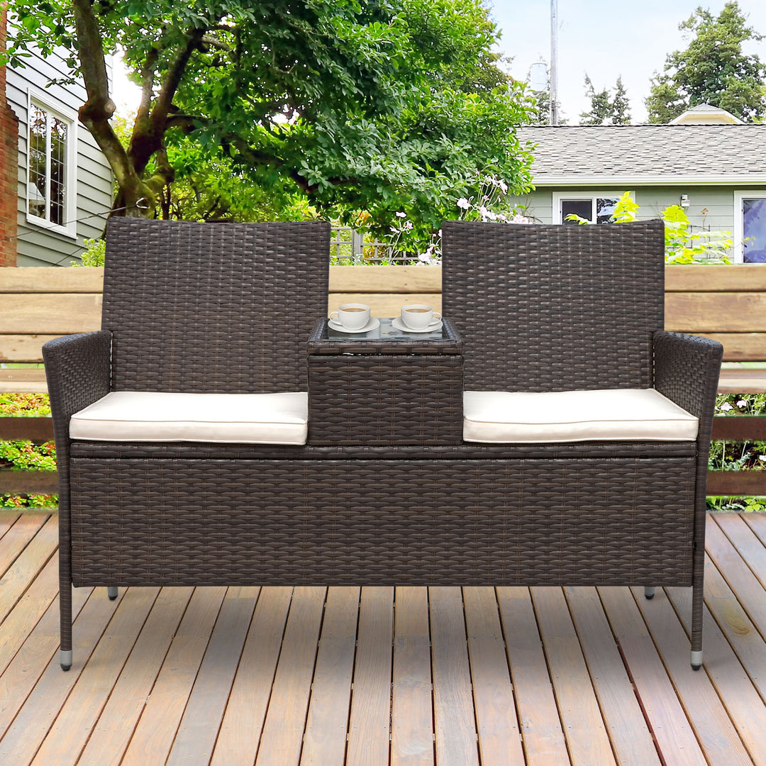 2-Seat PE Rattan Wicker Chair Bench w Glass Table, Cushions for Outdoor Patio, Brown & White