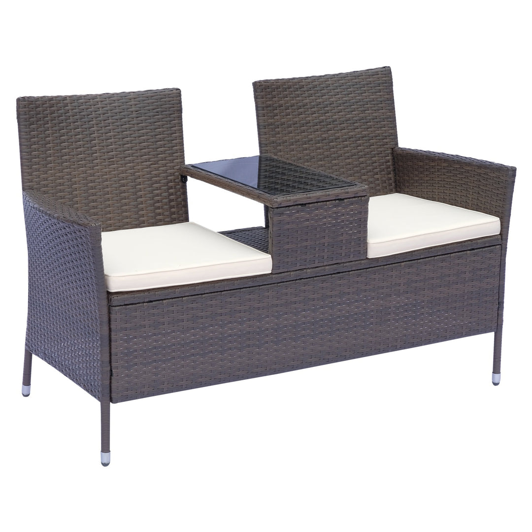 2-Seat PE Rattan Wicker Chair Bench w Glass Table, Cushions for Outdoor Patio, Brown & White