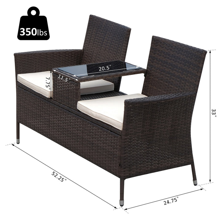 2-Seat PE Rattan Wicker Chair Bench w Glass Table, Cushions for Outdoor Patio, Brown & White