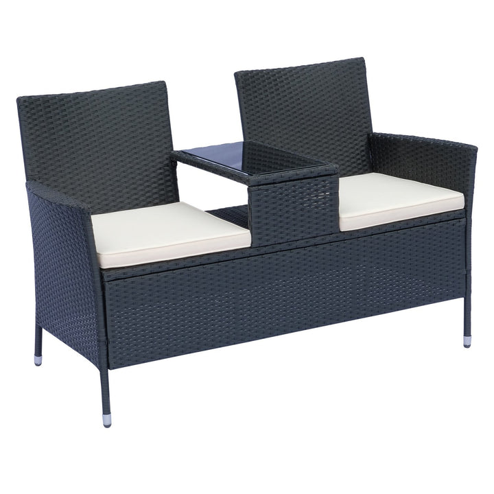 2-Seat PE Rattan Wicker Chair Bench w Glass Table, Cushions for Outdoor Patio, Black & White