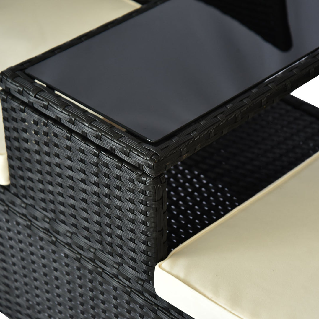2-Seat PE Rattan Wicker Chair Bench w Glass Table, Cushions for Outdoor Patio, Black & White