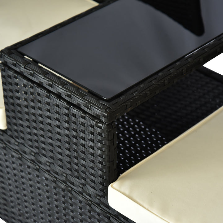 2-Seat PE Rattan Wicker Chair Bench w Glass Table, Cushions for Outdoor Patio, Black & White