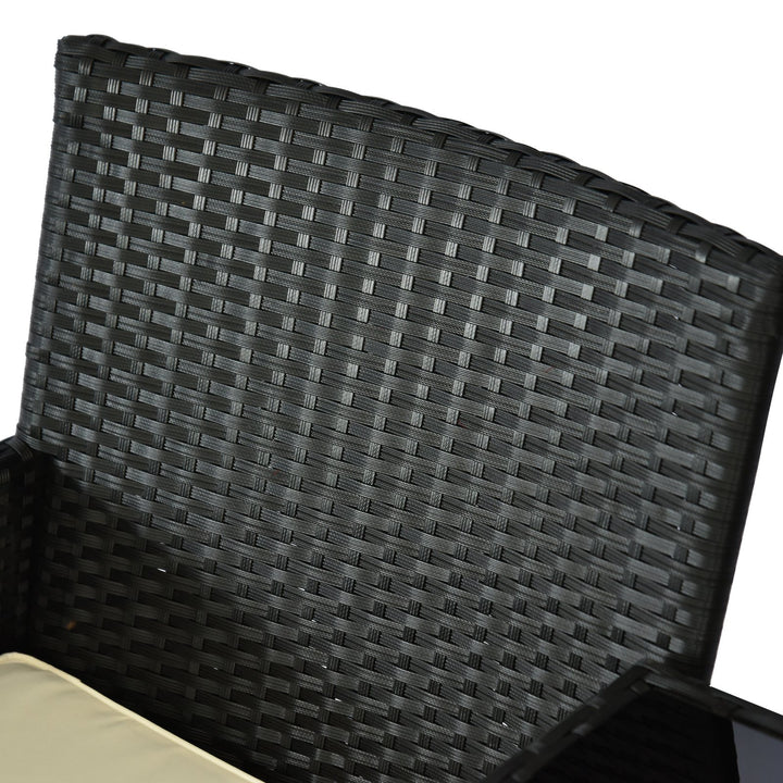 2-Seat PE Rattan Wicker Chair Bench w Glass Table, Cushions for Outdoor Patio, Black & White