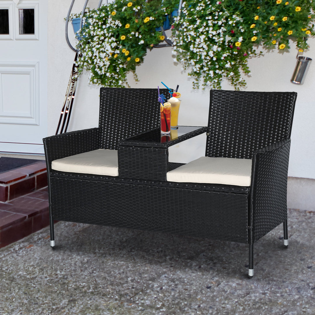 2-Seat PE Rattan Wicker Chair Bench w Glass Table, Cushions for Outdoor Patio, Black & White
