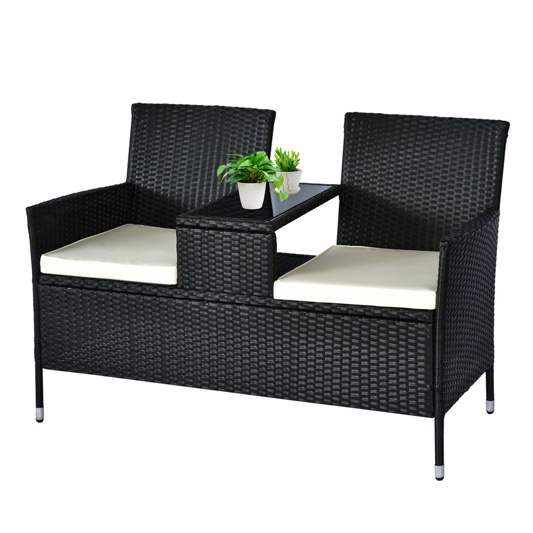 2-Seat PE Rattan Wicker Chair Bench w Glass Table, Cushions for Outdoor Patio, Black & White