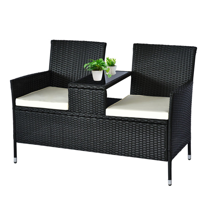 2-Seat PE Rattan Wicker Chair Bench w Glass Table, Cushions for Outdoor Patio, Black & White