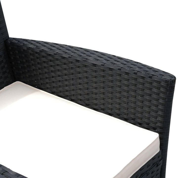 2-Seat PE Rattan Wicker Chair Bench w Glass Table, Cushions for Outdoor Patio, Black & White