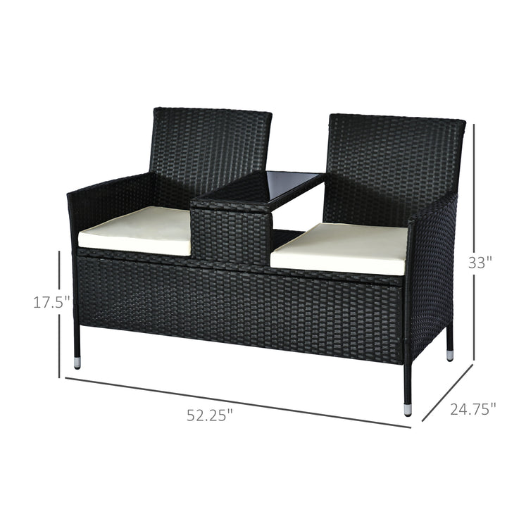 2-Seat PE Rattan Wicker Chair Bench w Glass Table, Cushions for Outdoor Patio, Black & White