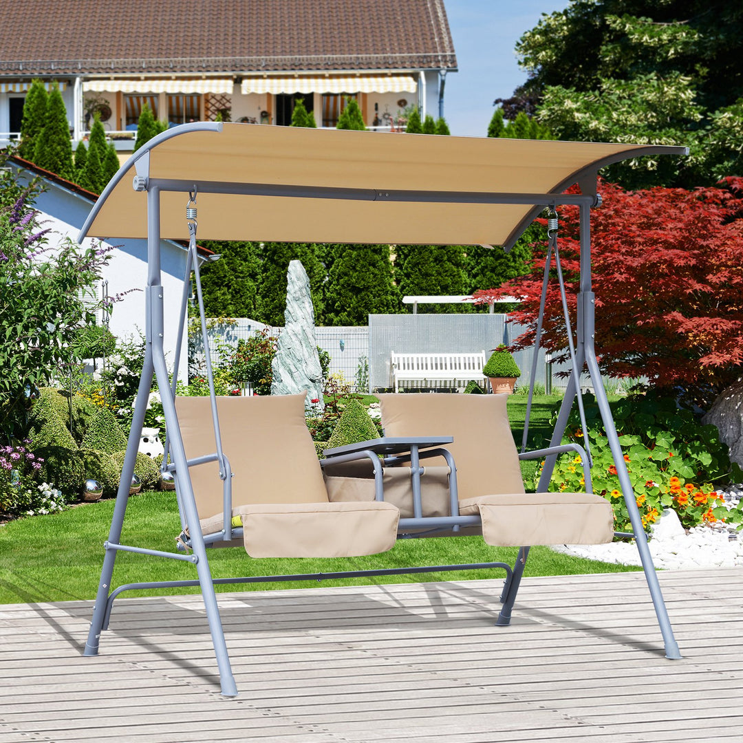 Outdoor 2-Seater Porch Swing Lounger w Storage Table / Canopy, Patio Deck Balcony Garden, Beige