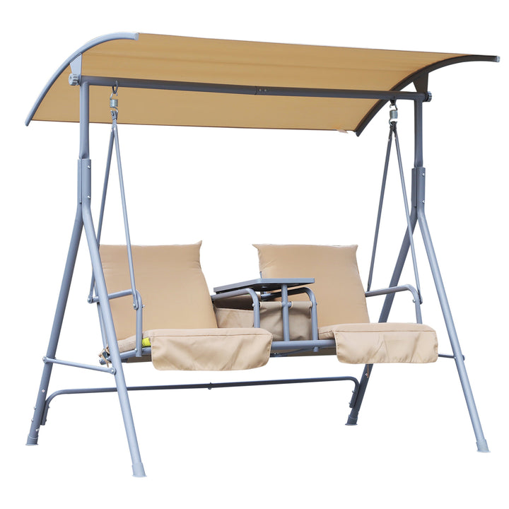 Outdoor 2-Seater Porch Swing Lounger w Storage Table / Canopy, Patio Deck Balcony Garden, Beige