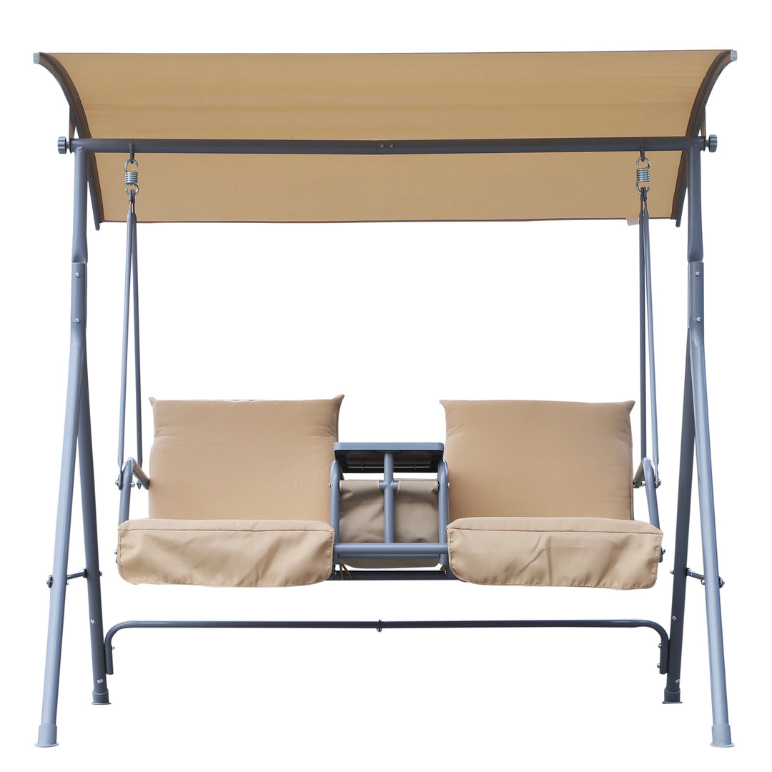 Outdoor 2-Seater Porch Swing Lounger w Storage Table / Canopy, Patio Deck Balcony Garden, Beige