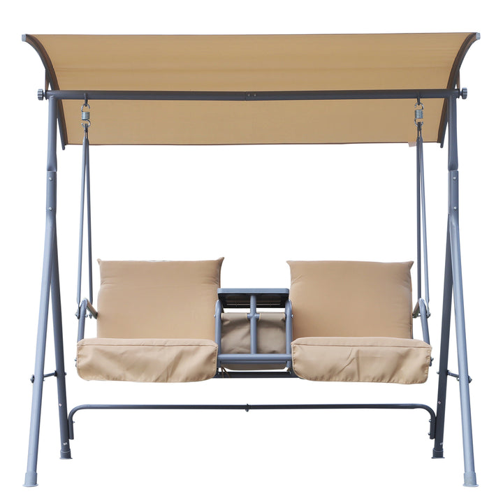 Outdoor 2-Seater Porch Swing Lounger w Storage Table / Canopy, Patio Deck Balcony Garden, Beige