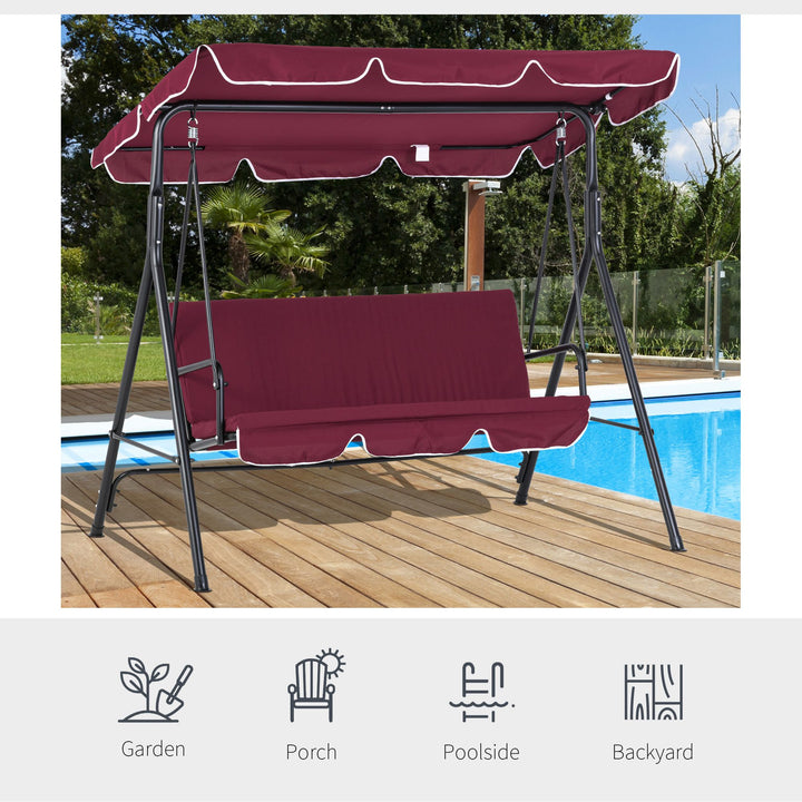 Outdoor 3-Seater Swing Lounger w/ Adjustable Canopy for Patio Backyard Garden Deck - Wine Red
