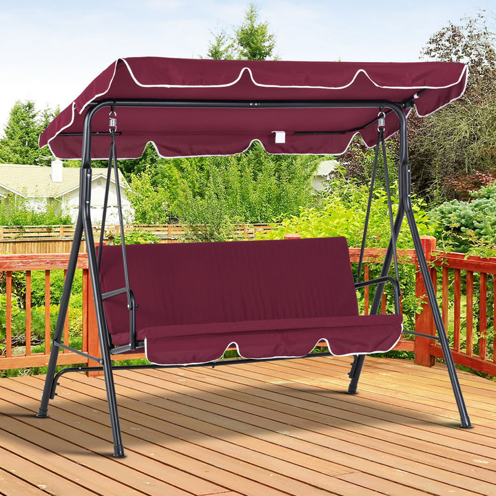 Outdoor 3-Seater Swing Lounger w/ Adjustable Canopy for Patio Backyard Garden Deck - Wine Red