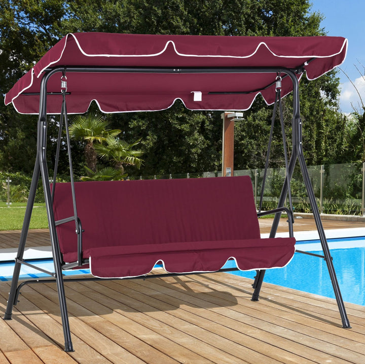 Outdoor 3-Seater Swing Lounger w/ Adjustable Canopy for Patio Backyard Garden Deck - Wine Red