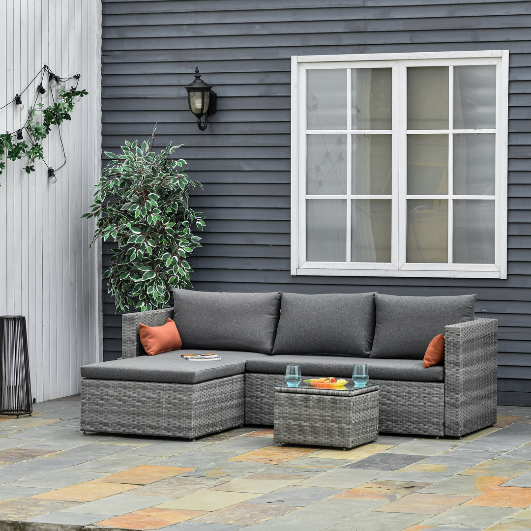 3pc Compact PE Rattan Wicker Conversation Chaise Sofa Set w Cushions for Outdoor Patio - Grey