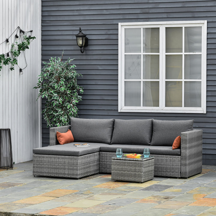 3pc Compact PE Rattan Wicker Conversation Chaise Sofa Set w Cushions for Outdoor Patio - Grey
