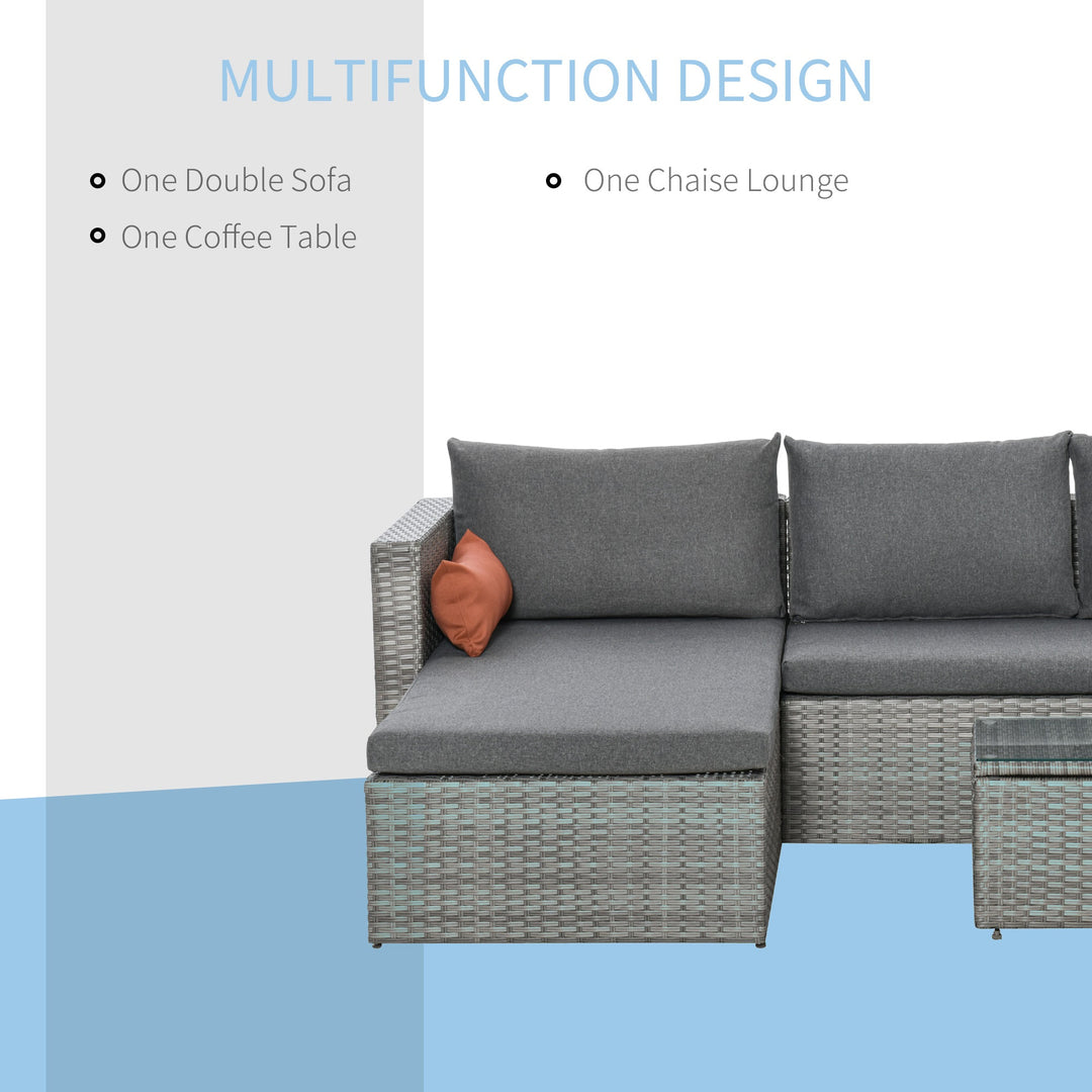 3pc Compact PE Rattan Wicker Conversation Chaise Sofa Set w Cushions for Outdoor Patio - Grey