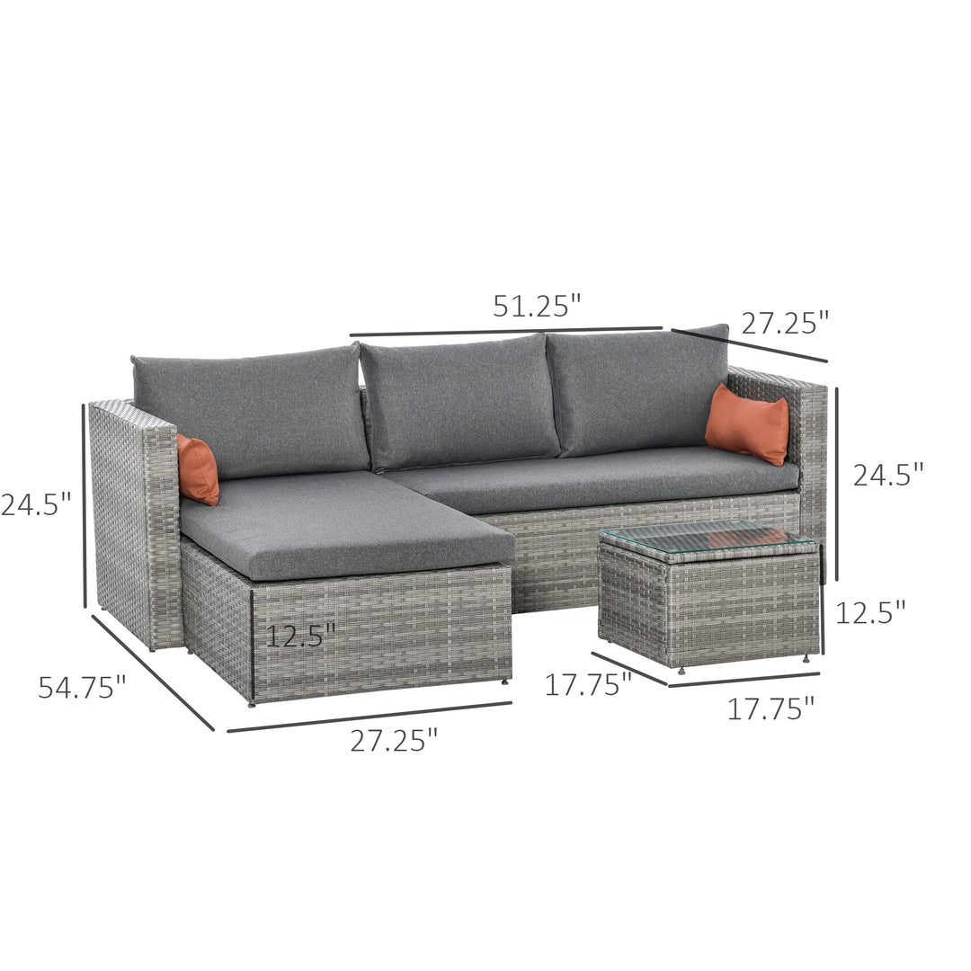3pc Compact PE Rattan Wicker Conversation Chaise Sofa Set w Cushions for Outdoor Patio - Grey