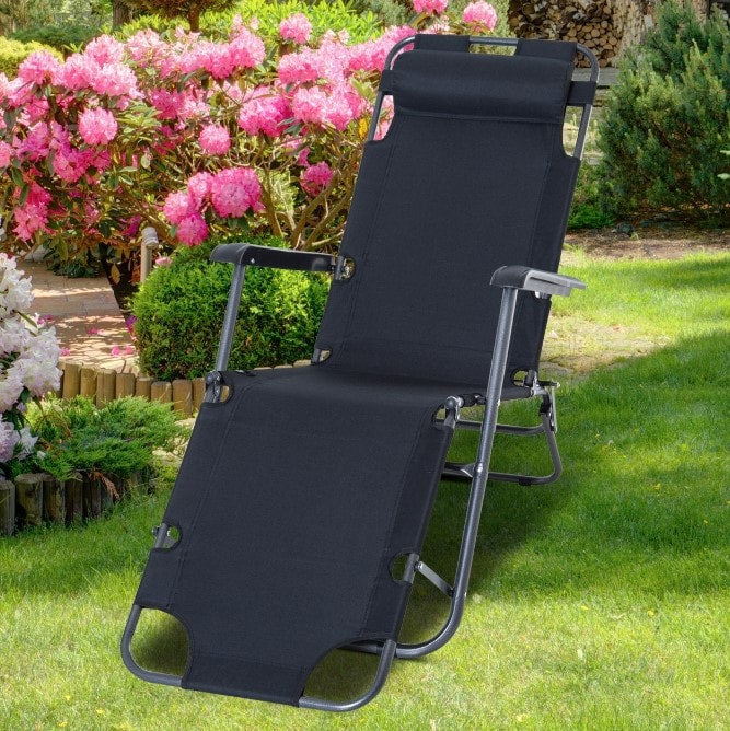 2-Way Folding Chaise Seat Flat Recliner Chair Sun Lounger Cot w Pillow, Beach Patio Deck, Black