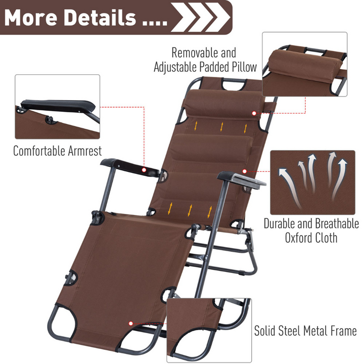 2-Way Folding Chaise Seat Flat Recliner Chair Sun Lounger Cot w Pillow, Beach Patio Deck, Brown