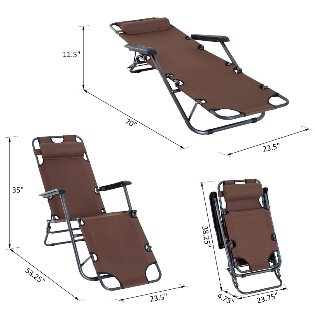 2-Way Folding Chaise Seat Flat Recliner Chair Sun Lounger Cot w Pillow, Beach Patio Deck, Brown