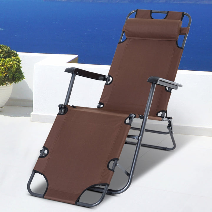 2-Way Folding Chaise Seat Flat Recliner Chair Sun Lounger Cot w Pillow, Beach Patio Deck, Brown