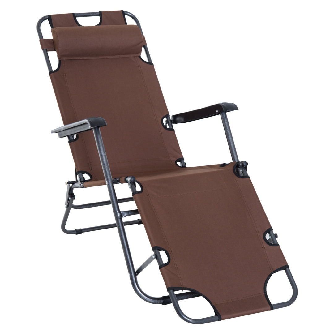 2-Way Folding Chaise Seat Flat Recliner Chair Sun Lounger Cot w Pillow, Beach Patio Deck, Brown