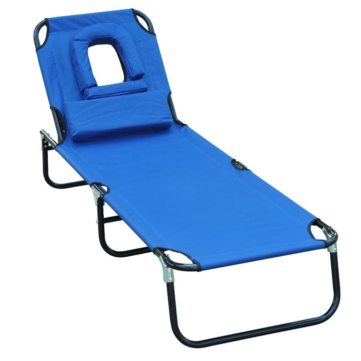 Folding Chaise Recline Sun Lounger w Face Reading Hole & Pillow, Beach Patio Pool, Bright Blue
