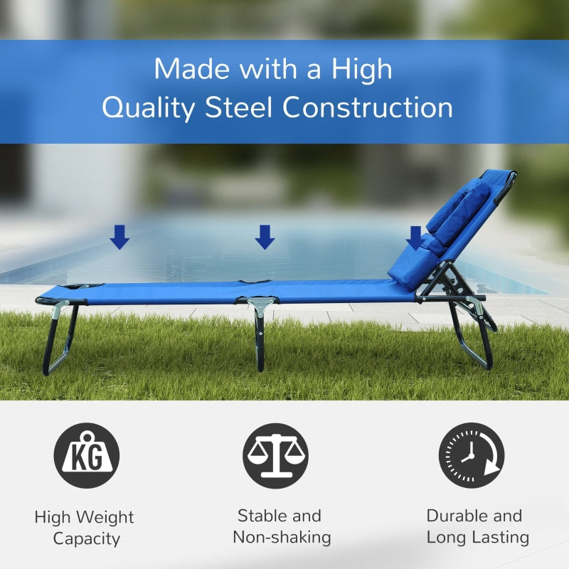 Folding Chaise Recline Sun Lounger w Face Reading Hole & Pillow, Beach Patio Pool, Bright Blue