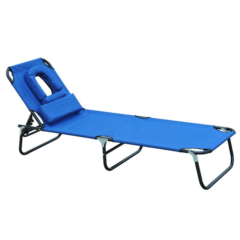 Folding Chaise Recline Sun Lounger w Face Reading Hole & Pillow, Beach Patio Pool, Bright Blue
