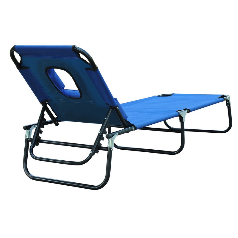 Folding Chaise Recline Sun Lounger w Face Reading Hole & Pillow, Beach Patio Pool, Bright Blue