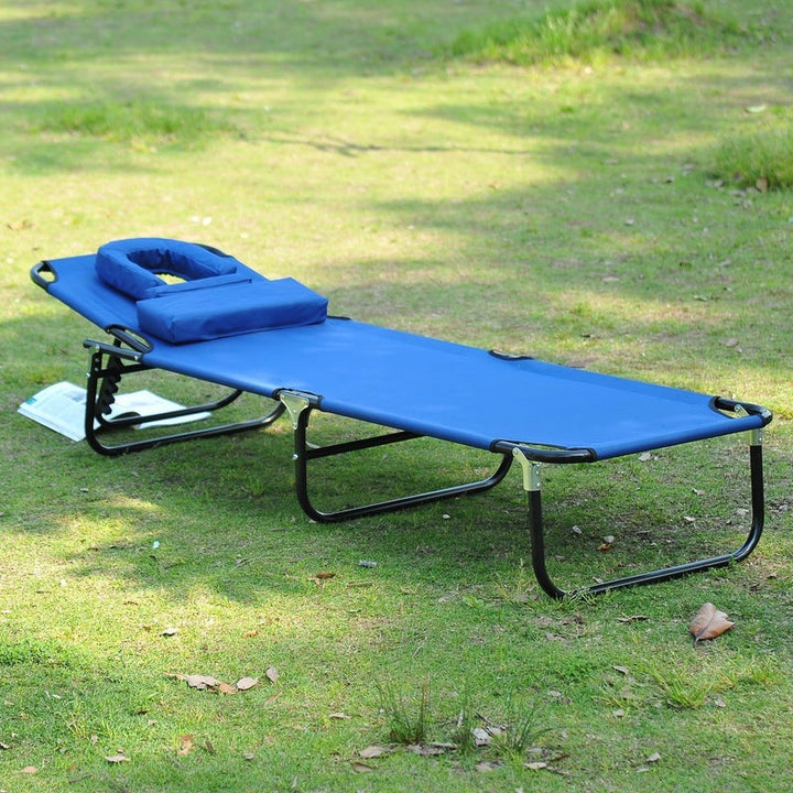 Folding Chaise Recline Sun Lounger w Face Reading Hole & Pillow, Beach Patio Pool, Bright Blue