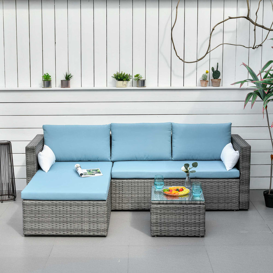 3pc Compact PE Rattan Wicker Conversation Sofa Set w Cushions for Outdoor Patio - Grey, Lt Blue