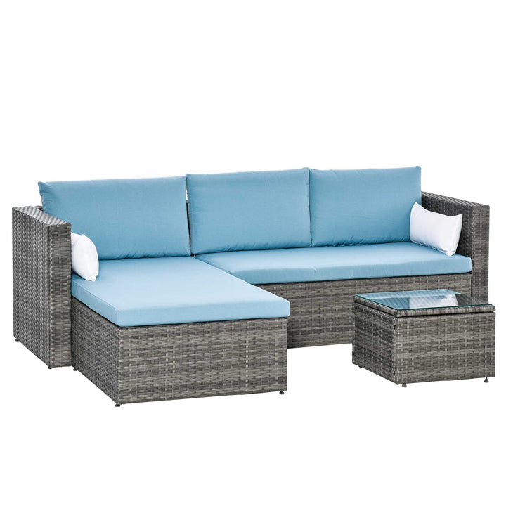 3pc Compact PE Rattan Wicker Conversation Sofa Set w Cushions for Outdoor Patio - Grey, Lt Blue
