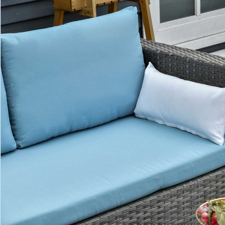 3pc Compact PE Rattan Wicker Conversation Sofa Set w Cushions for Outdoor Patio - Grey, Lt Blue
