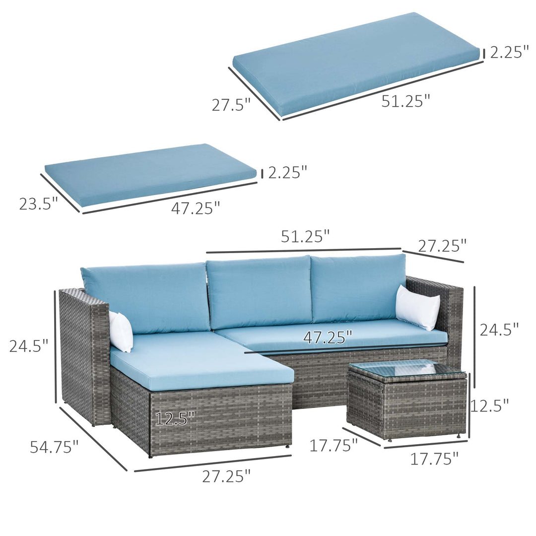 3pc Compact PE Rattan Wicker Conversation Sofa Set w Cushions for Outdoor Patio - Grey, Lt Blue