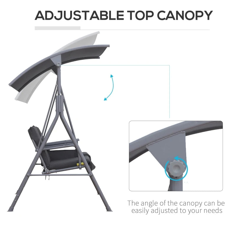 Outdoor 2-Seater Porch Swing Lounger w Storage Table / Canopy, Patio Deck Balcony Garden, Grey