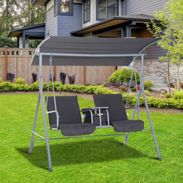 Outdoor 2-Seater Porch Swing Lounger w Storage Table / Canopy, Patio Deck Balcony Garden, Grey