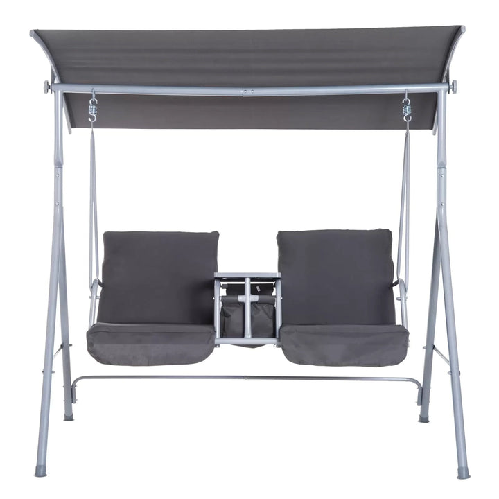 Outdoor 2-Seater Porch Swing Lounger w Storage Table / Canopy, Patio Deck Balcony Garden, Grey