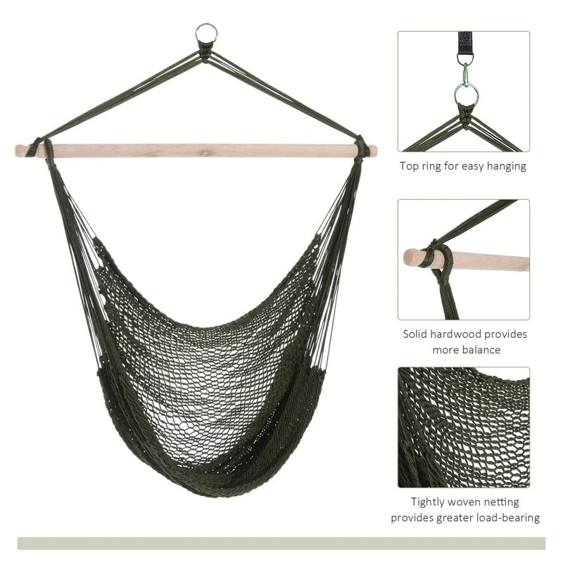 Nylon Woven Hanging Hammock Chair Swing w Hardwood Bar Outdoor Yard Garden Park Camping, Green