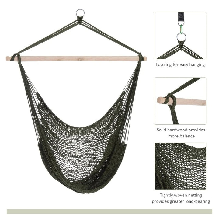 Nylon Woven Hanging Hammock Chair Swing w Hardwood Bar Outdoor Yard Garden Park Camping, Green