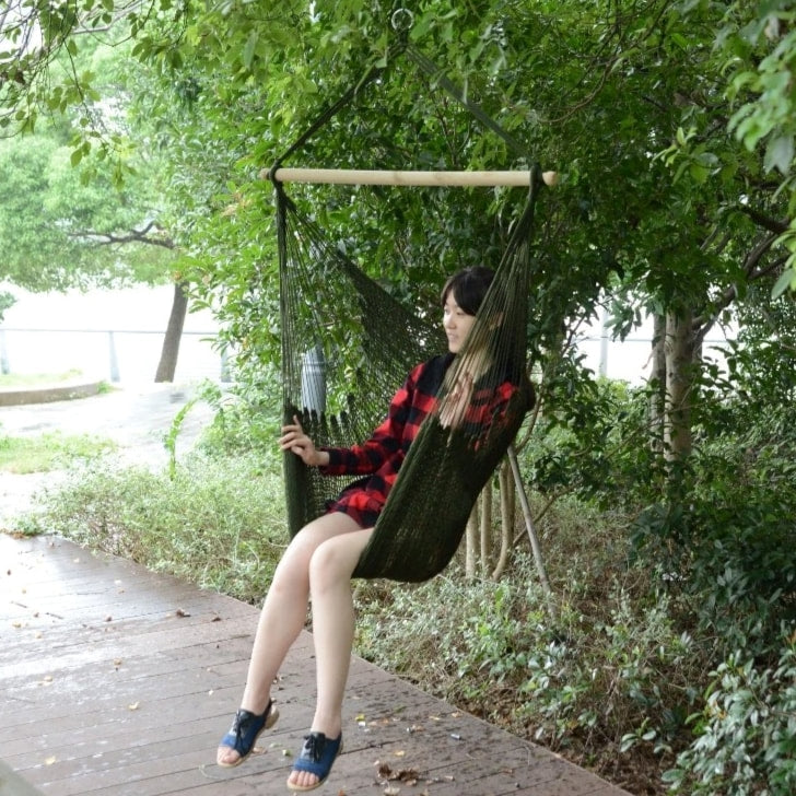 Nylon Woven Hanging Hammock Chair Swing w Hardwood Bar Outdoor Yard Garden Park Camping, Green