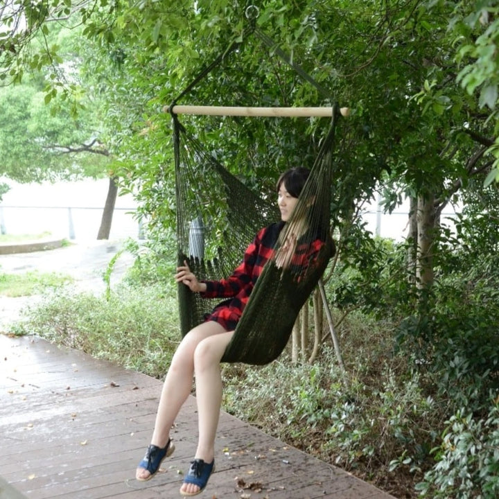Nylon Woven Hanging Hammock Chair Swing w Hardwood Bar Outdoor Yard Garden Park Camping, Green