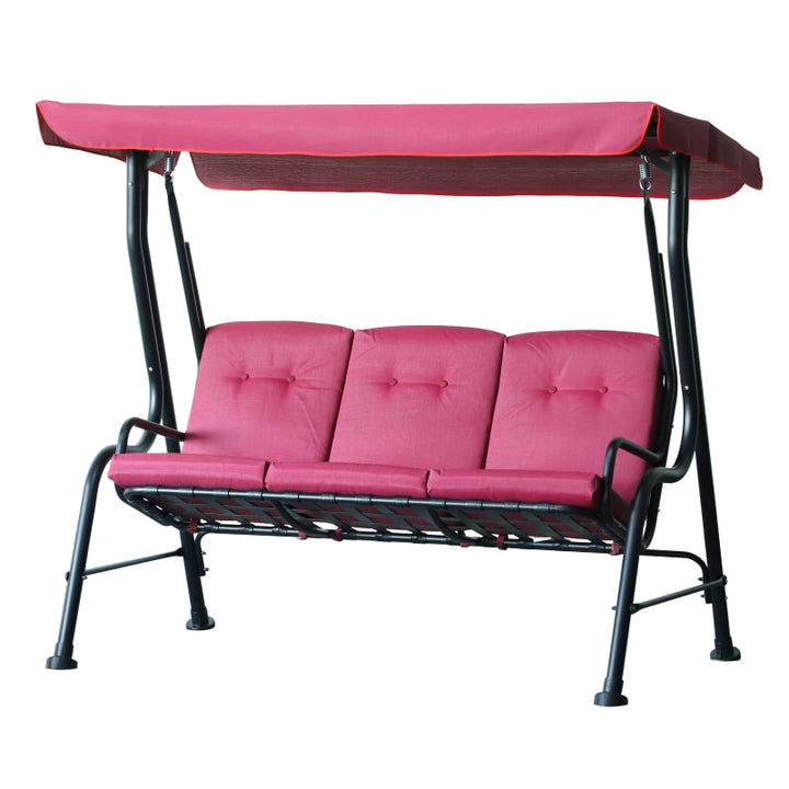Outdoor 3-Seater Deluxe Swing Lounger w/ Canopy, Cushions for Patio Deck Garden - Pink Wine Red