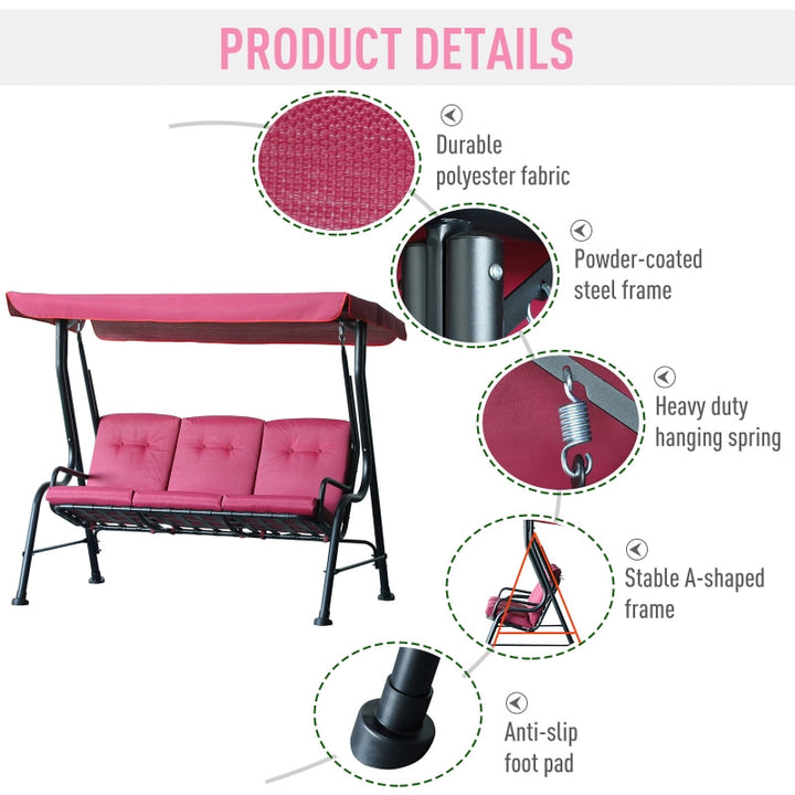 Outdoor 3-Seater Deluxe Swing Lounger w/ Canopy, Cushions for Patio Deck Garden - Pink Wine Red