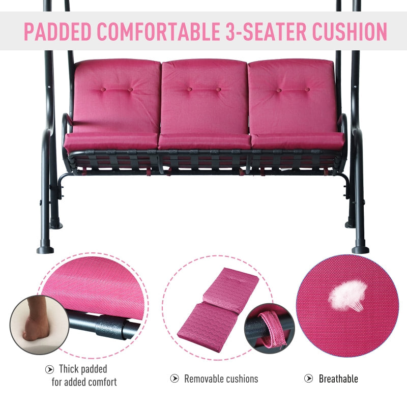 Outdoor 3-Seater Deluxe Swing Lounger w/ Canopy, Cushions for Patio Deck Garden - Pink Wine Red