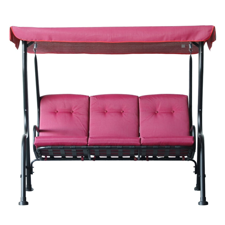 Outdoor 3-Seater Deluxe Swing Lounger w/ Canopy, Cushions for Patio Deck Garden - Pink Wine Red
