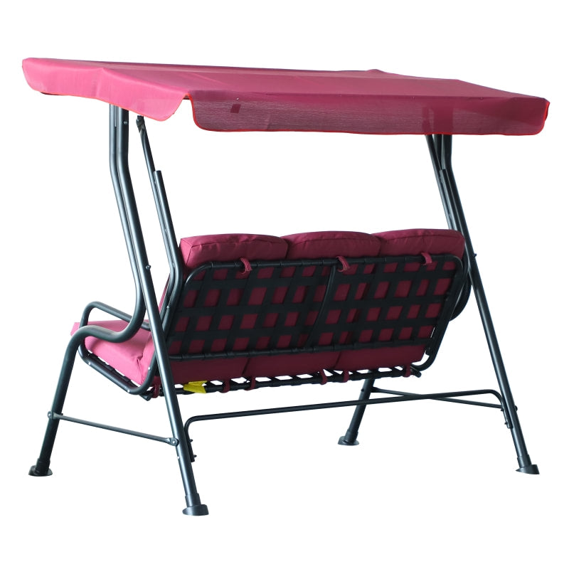 Outdoor 3-Seater Deluxe Swing Lounger w/ Canopy, Cushions for Patio Deck Garden - Pink Wine Red