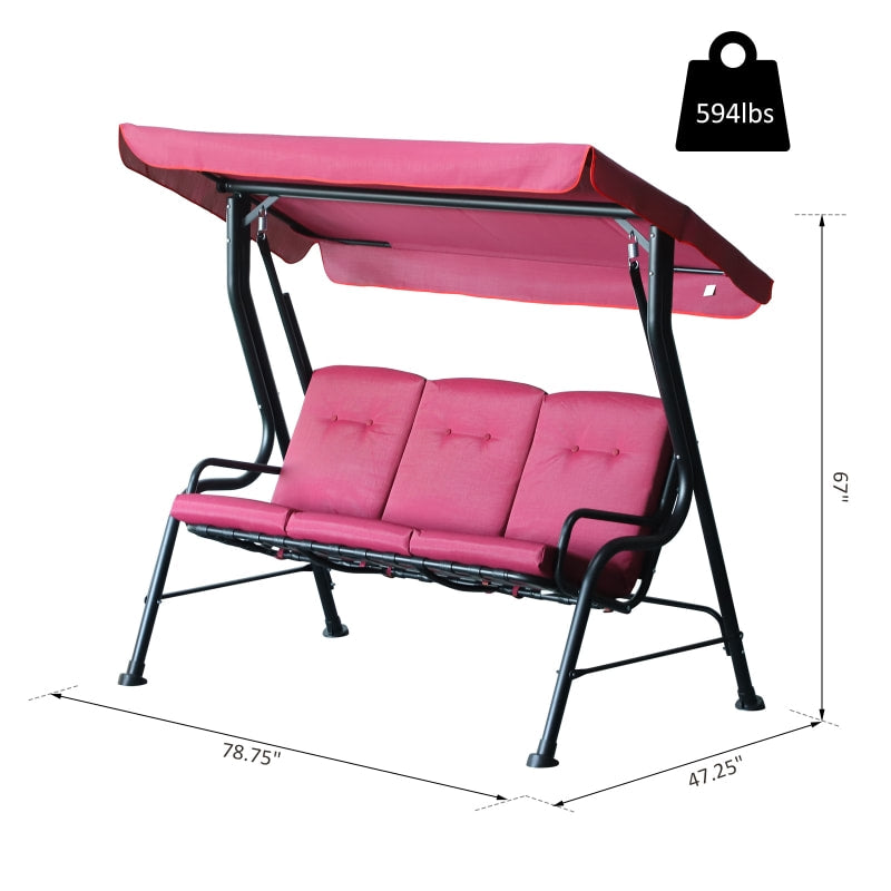 Outdoor 3-Seater Deluxe Swing Lounger w/ Canopy, Cushions for Patio Deck Garden - Pink Wine Red